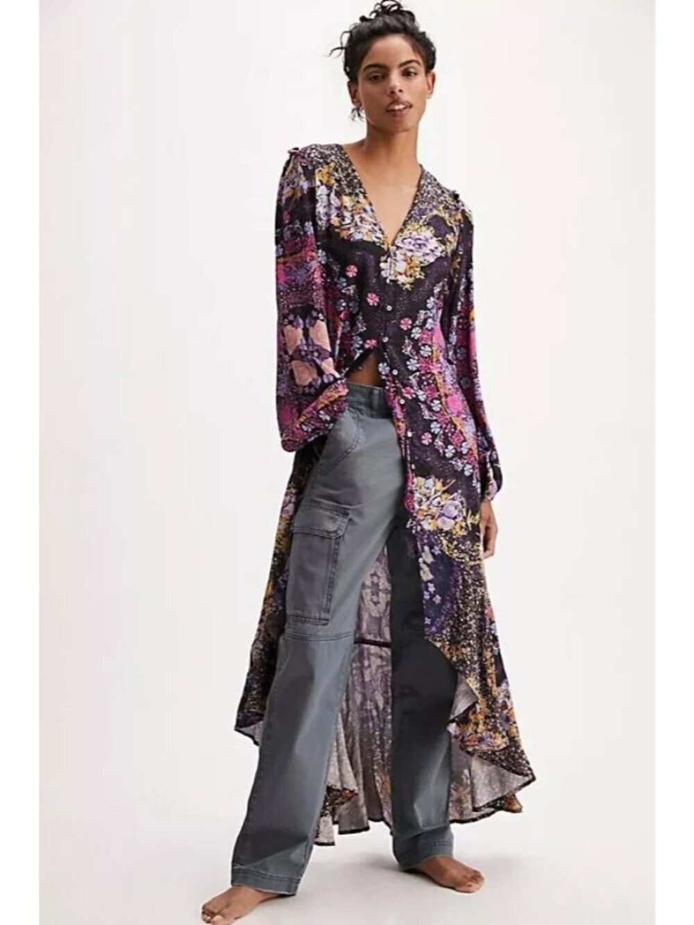 Free People Multicolor Floral high Low Dress Long Sleeve XS